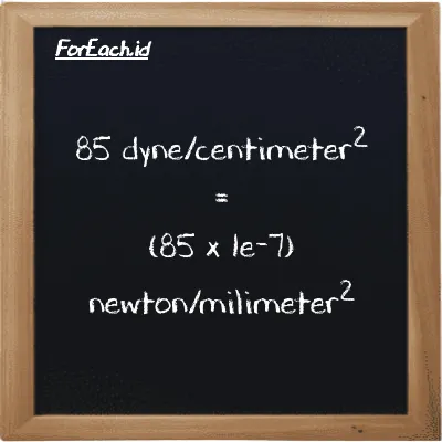 How to convert dyne/centimeter<sup>2</sup> to newton/milimeter<sup>2</sup>: 85 dyne/centimeter<sup>2</sup> (dyn/cm<sup>2</sup>) is equivalent to 85 times 1e-7 newton/milimeter<sup>2</sup> (N/mm<sup>2</sup>)